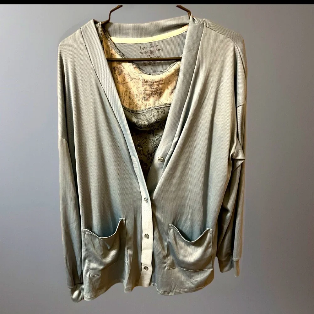 3Pc Blue Cardigan,Tank & Pant Lounge Outfit Rayon Knit Softness In Everyday NWT
